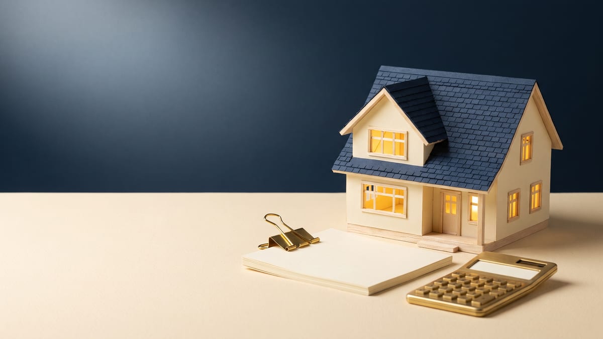 Scale model house beside a stack of tax return papers and a small brass calculator on a navy backdrop, representing the 2026 HELP repayment change